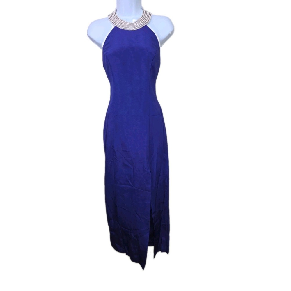 Vintage 1990s Taffeta Formal Dress Prom Halter Pearl Collar Backless ZumZum 9/10